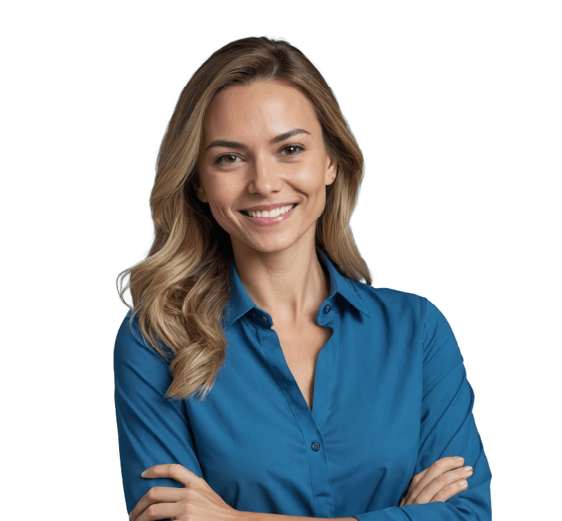 Mulher branca e loira usando camiseta azul, com os braços cruzados e sorrindo