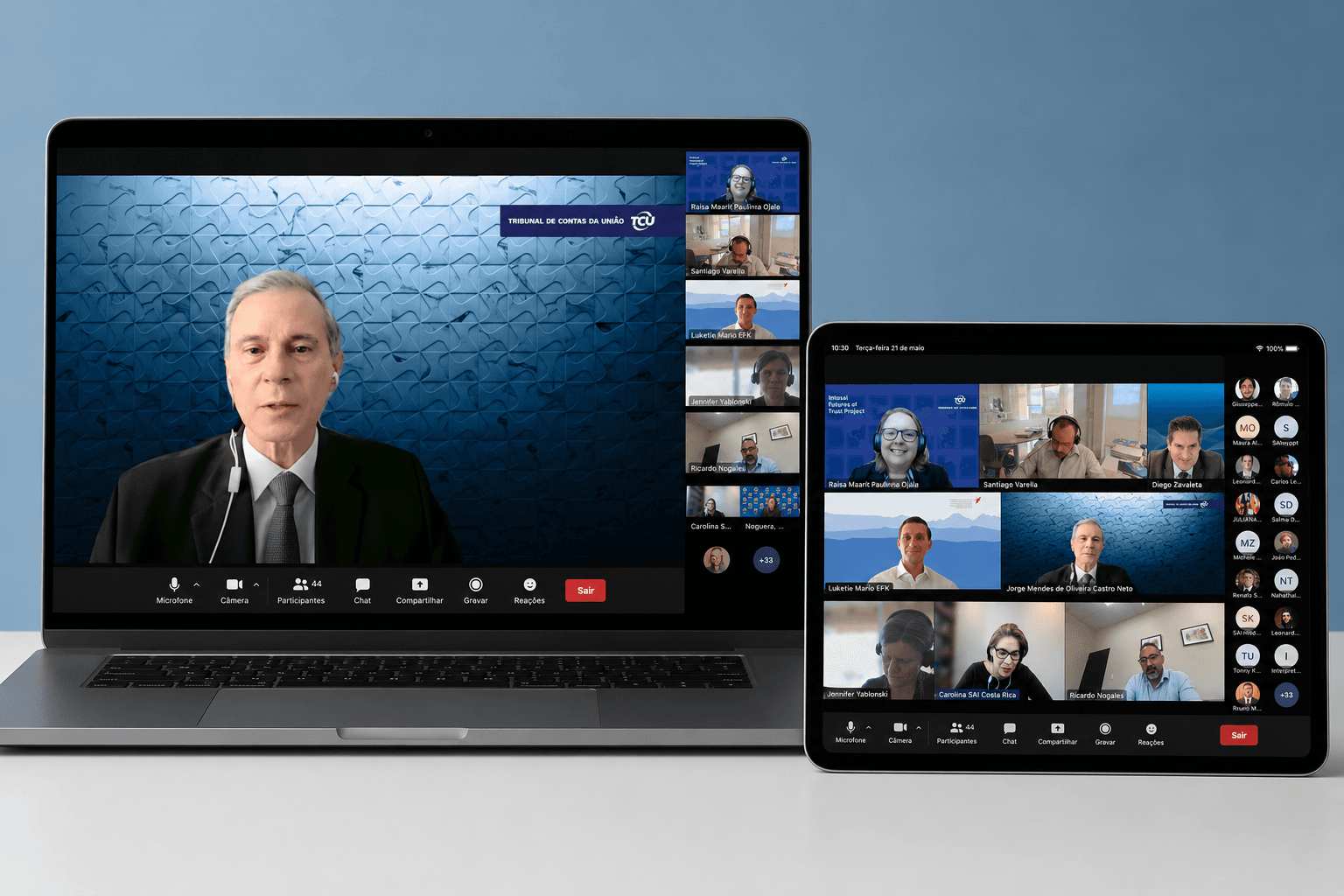 Mockup com dois printscreen das reunões online